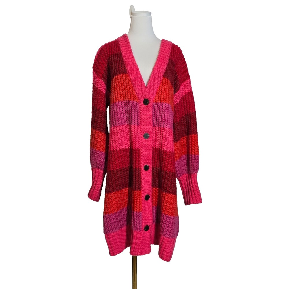 Farm Rio Striped Long Cardigan Red Pink Button Knit Colorful Medium